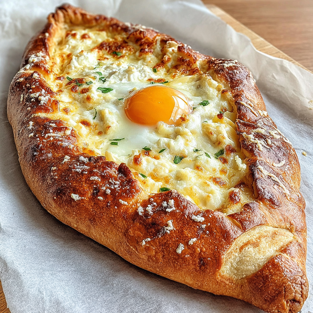 Close-up of khachapuri with silky egg and bubbling cheese