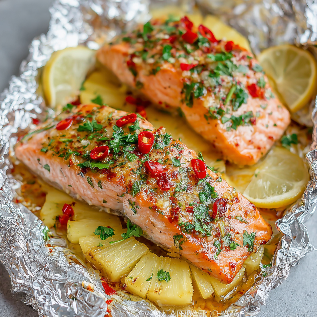 Salmon packet opened to reveal pineapple and herbs