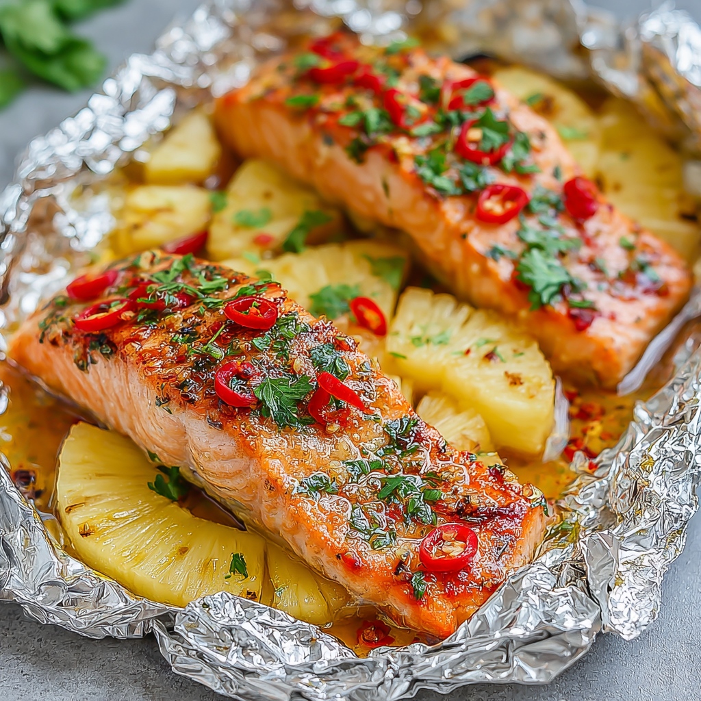 Close-up of flaky salmon topped with parsley and chili