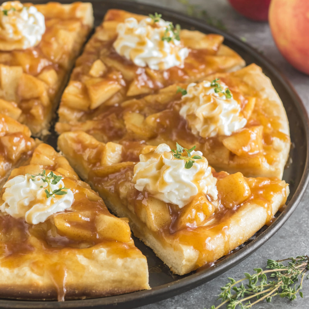Close-up of caramel and apple topping on dessert pizza