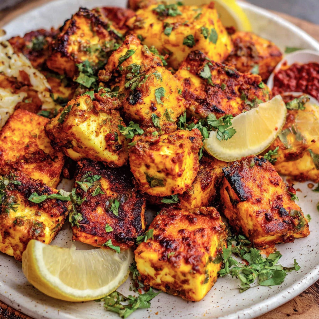 Marinated paneer cubes on skewers ready for cooking