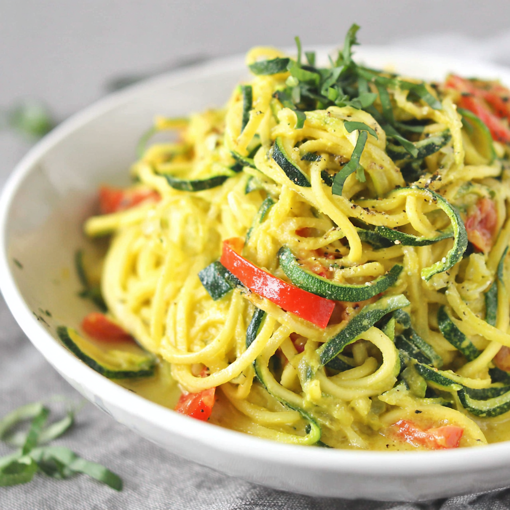 Close-up of zoodle pasta twirled on a fork showing creamy sauce texture