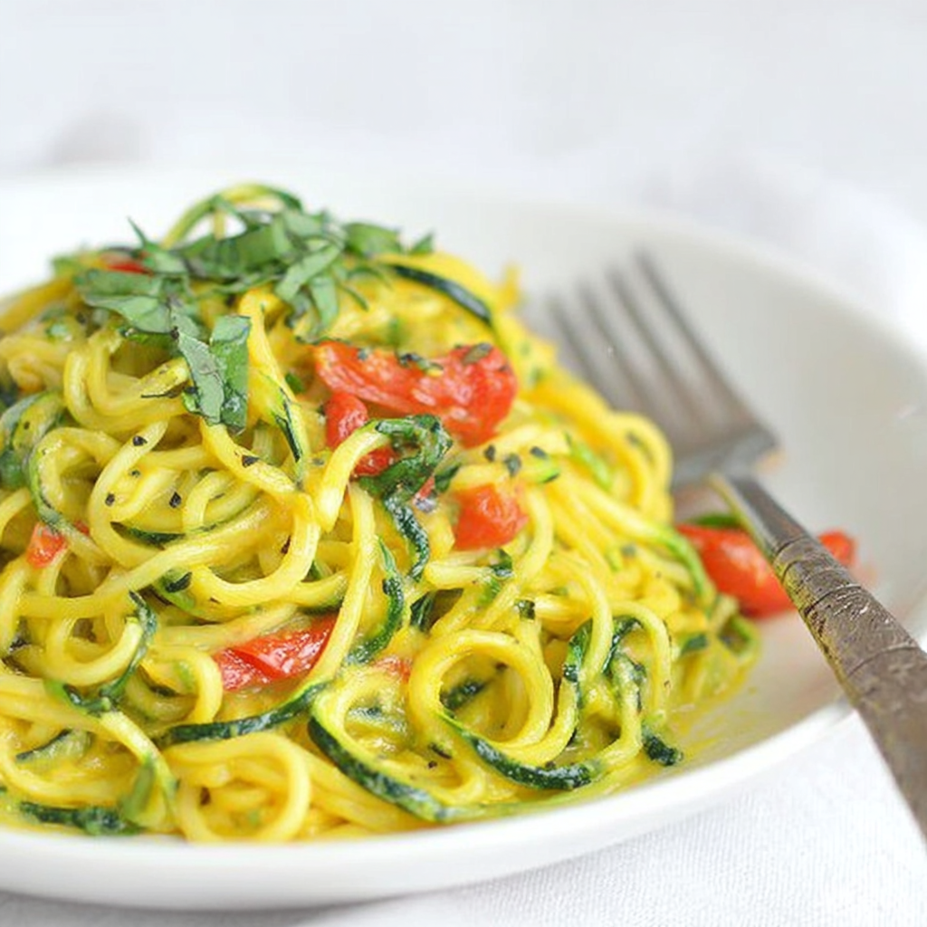 Ingredients for zoodle pasta including zucchini, red pepper, onion, and nutritional yeast arranged on a board