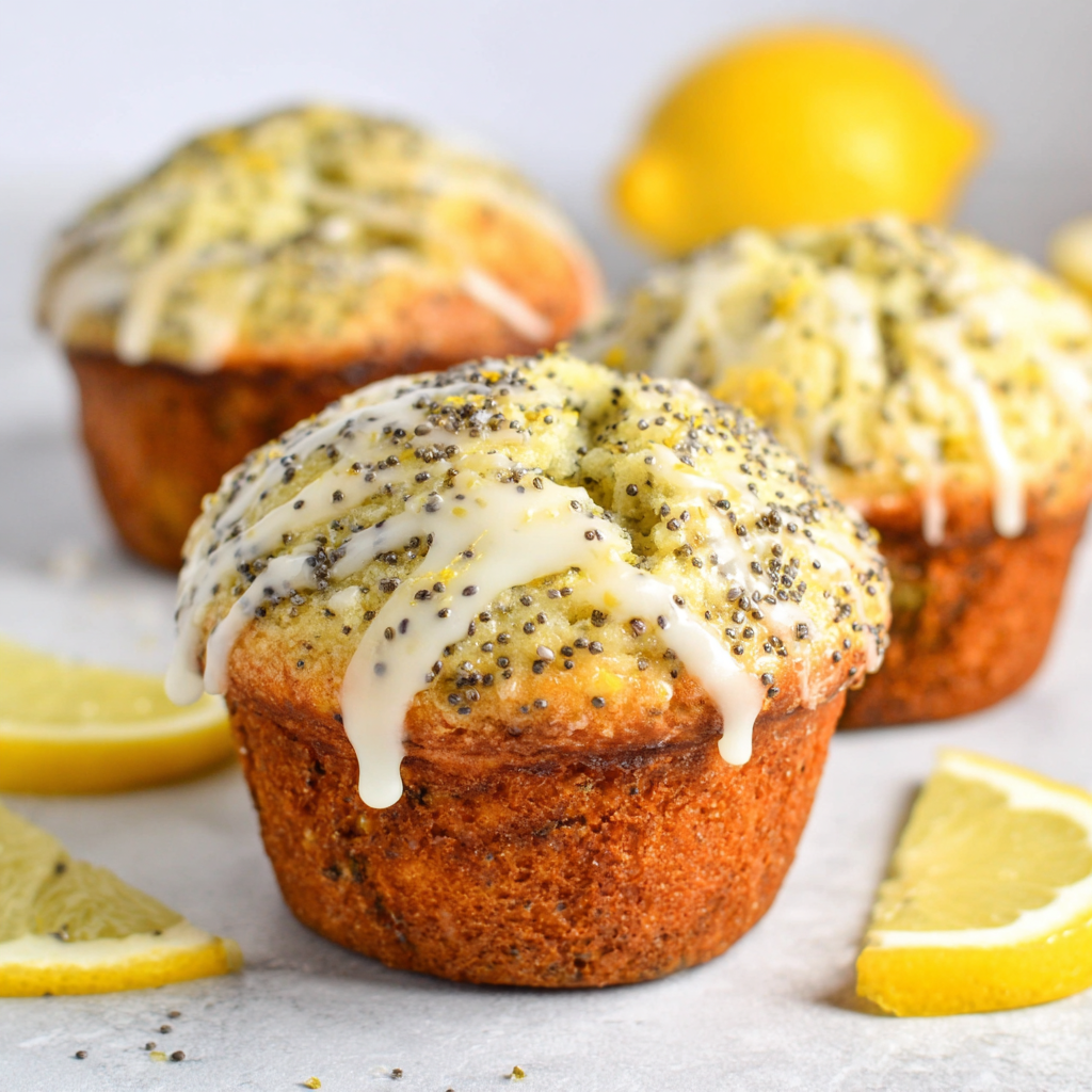 Close-up of glazed lemon poppyseed muffins with visible zest