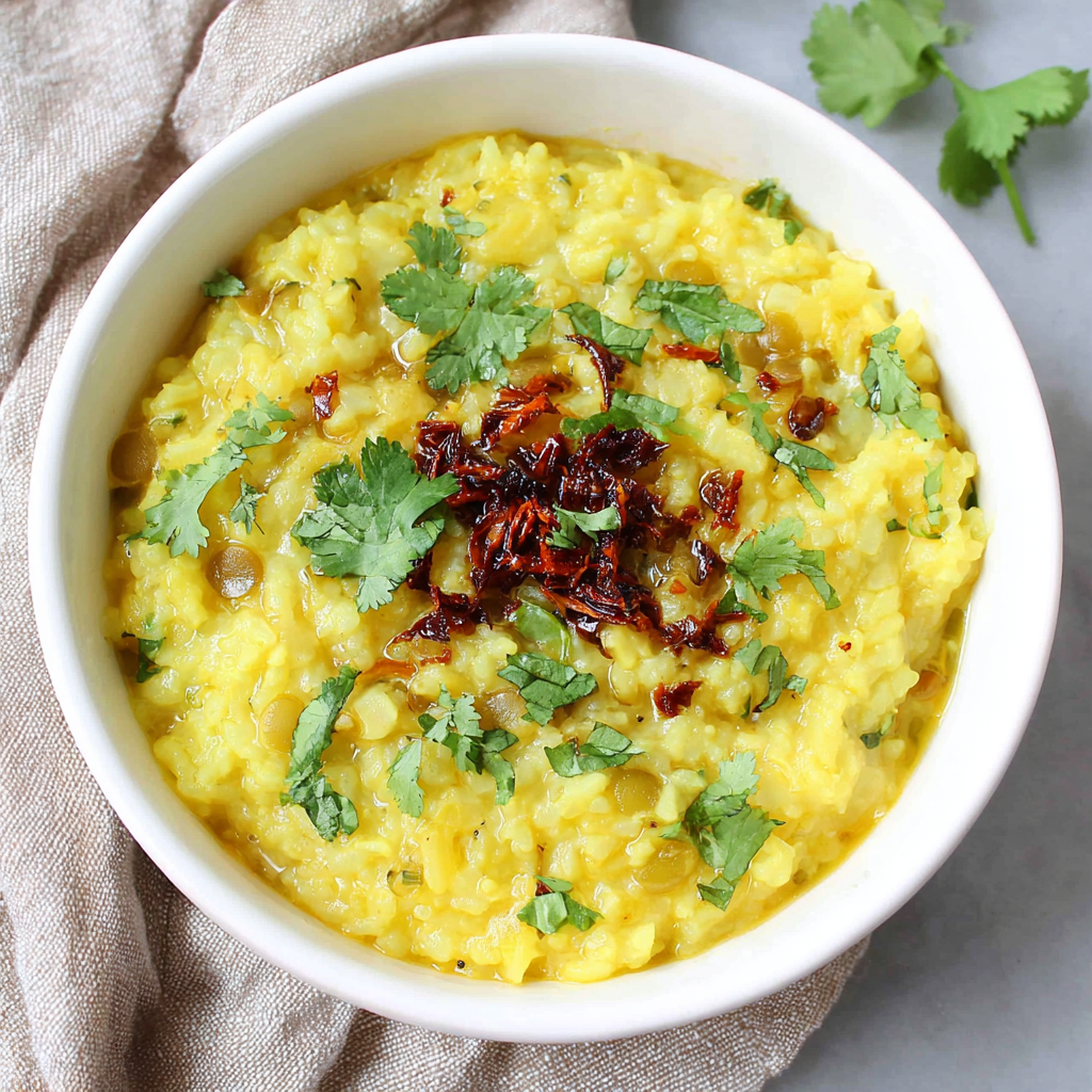 Ingredients for khichdi including rice, moong dal, cumin, turmeric, and ghee