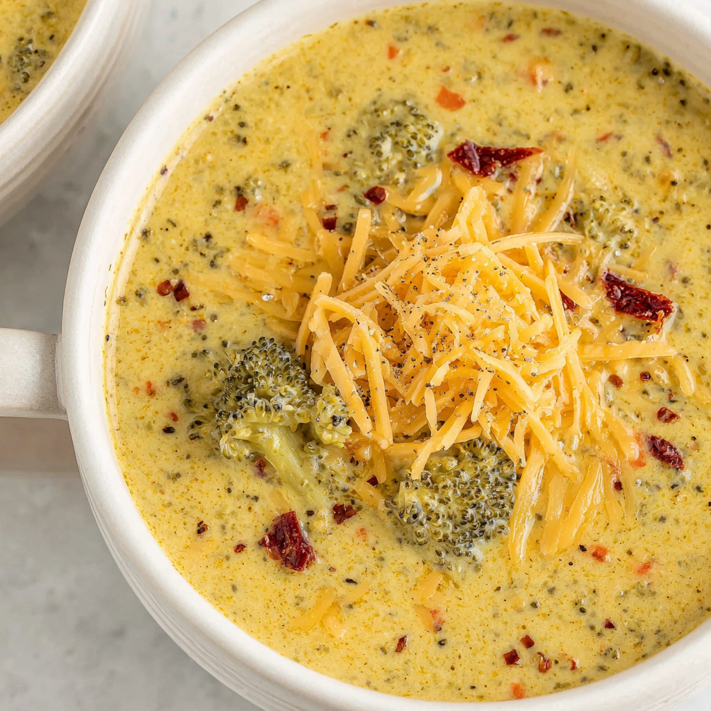 Ingredients for broccoli cheddar soup arranged on a board
