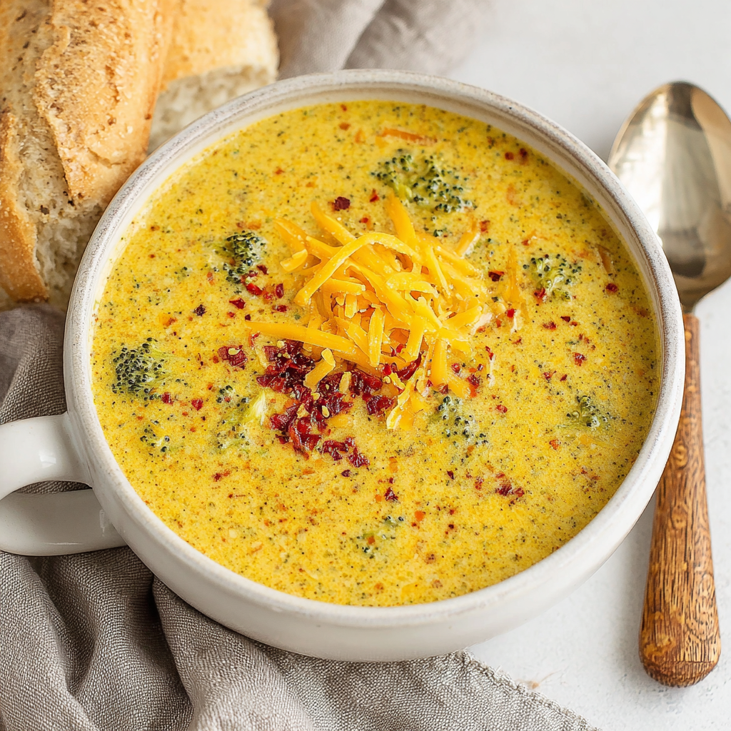 Ladle lifting creamy broccoli cheddar soup from a pot