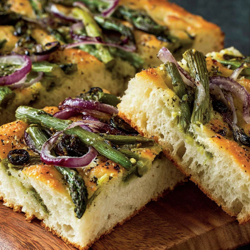 Close-up of asparagus and red onion topping on focaccia