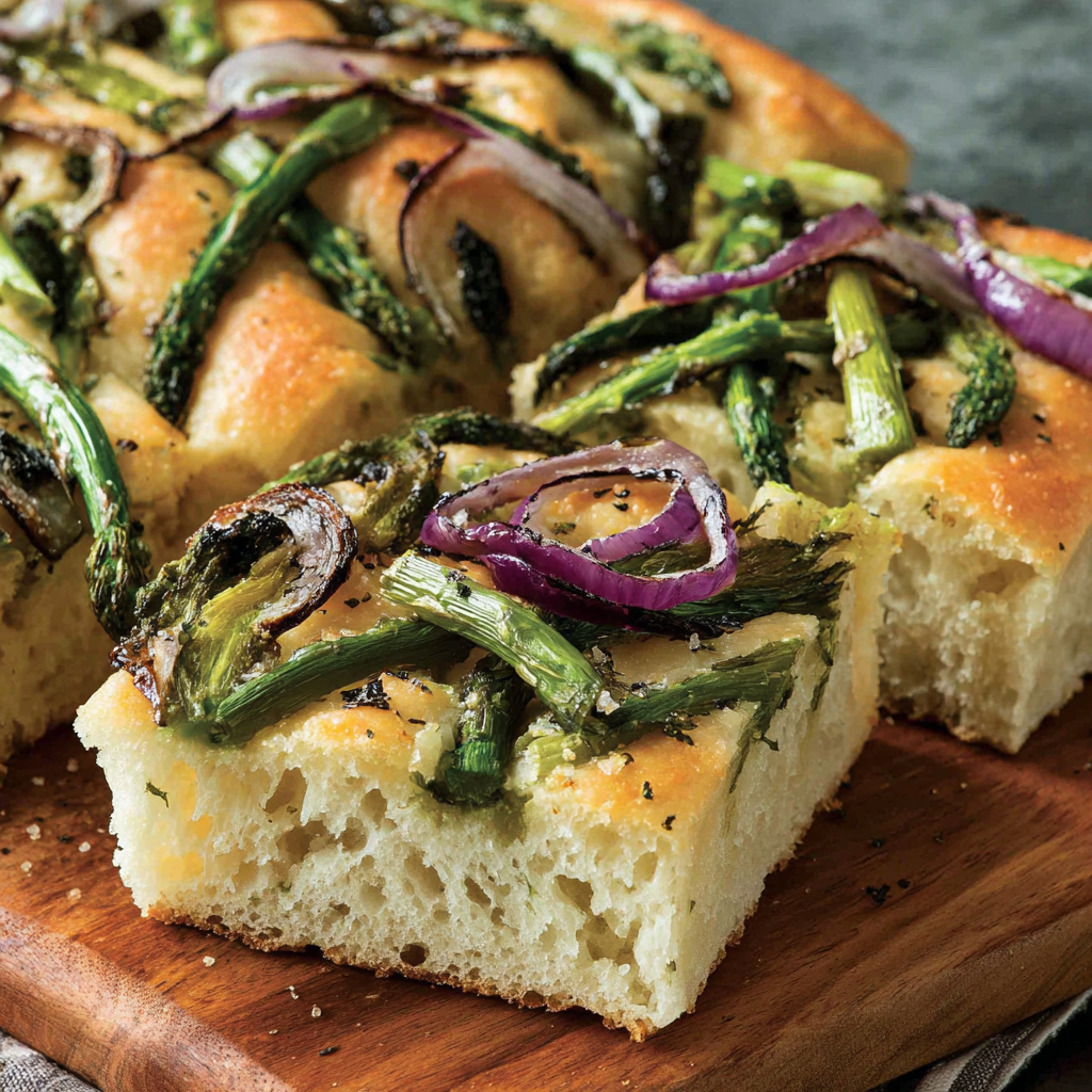 Sliced asparagus focaccia served on a wooden board