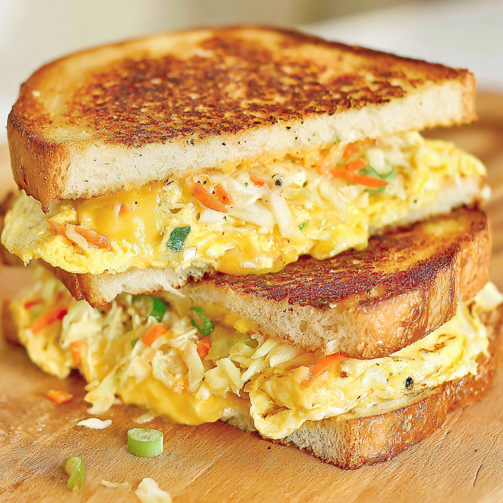 Finished Korean street toast cut in half showing layers of egg, cabbage, and cheese