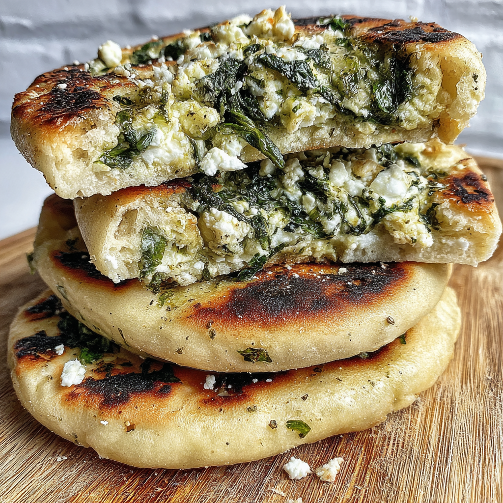 Golden feta, spinach, and mint stuffed flatbreads cooking on a skillet