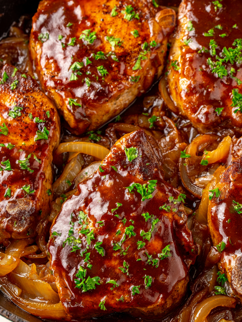 Pork chops glazed in apple butter and barbecue sauce with caramelized onions