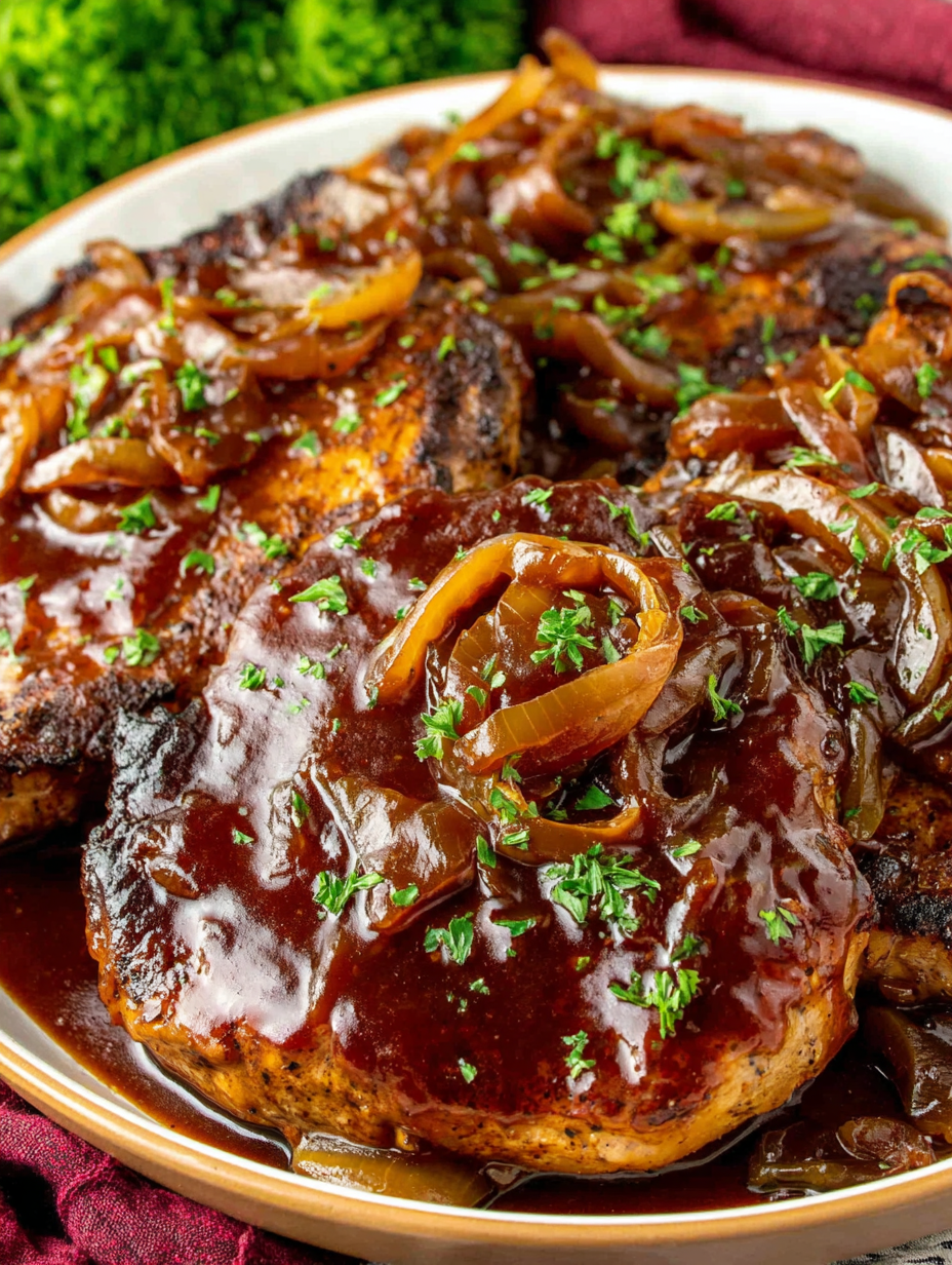 Plated pork chops with mashed potatoes and onions