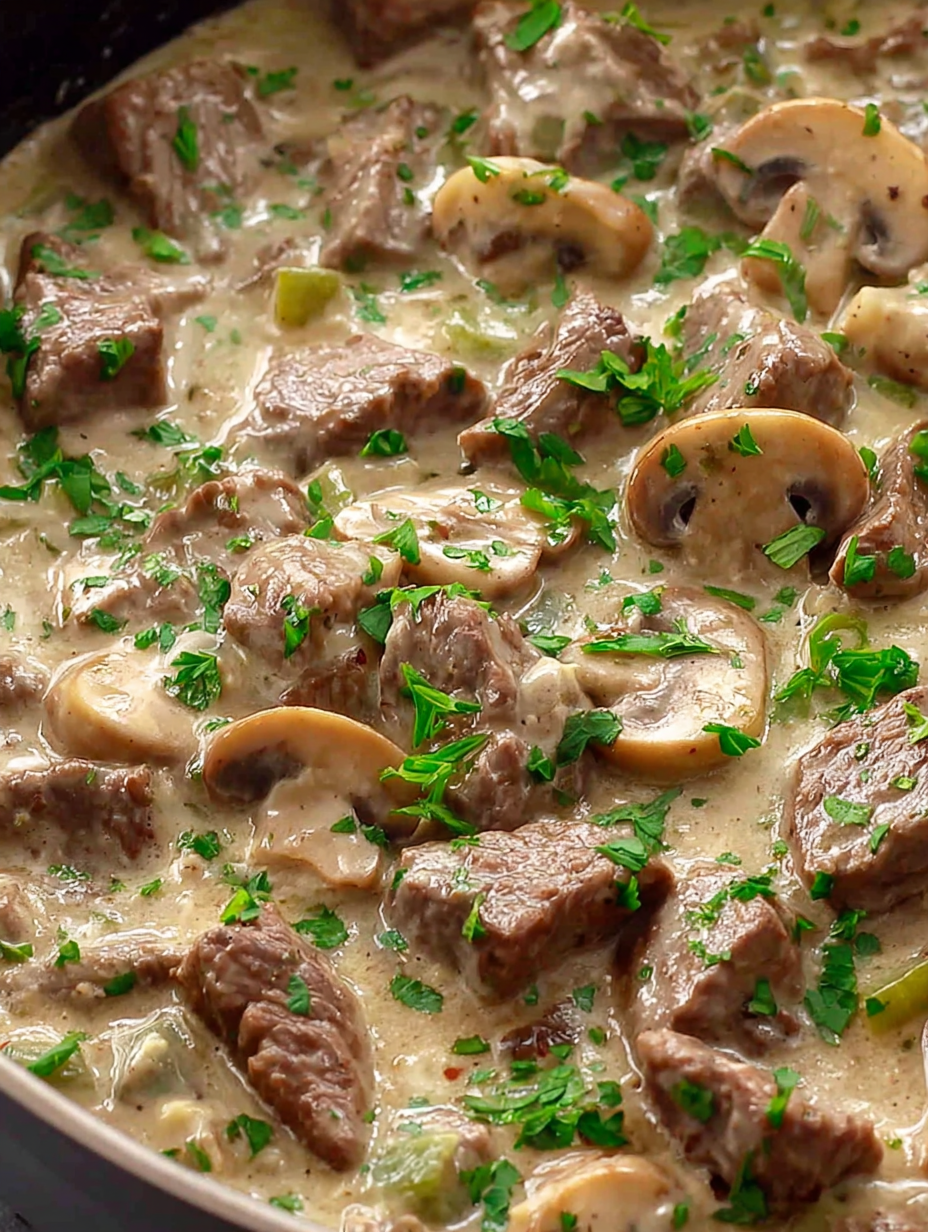 Creamy beef stroganoff plated over egg noodles