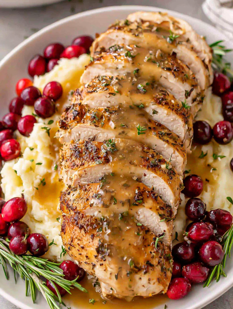 Sliced turkey breast with creamy gravy