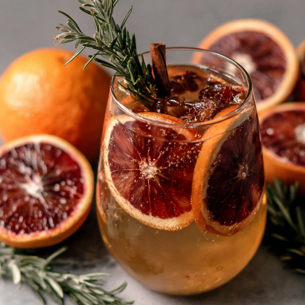 Pitcher of blood orange white wine sangria with rosemary and cinnamon