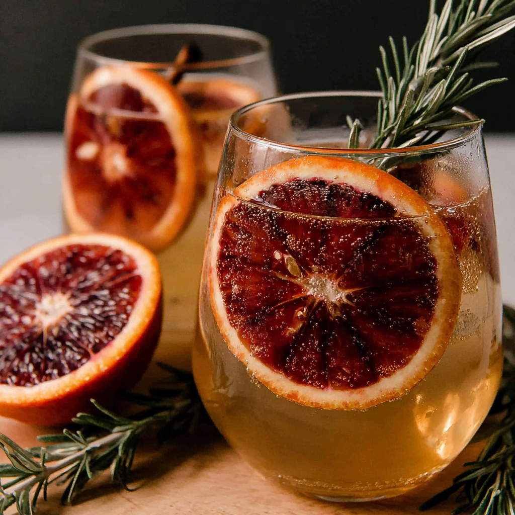 Close-up of glass filled with sangria and garnished with blood orange slice