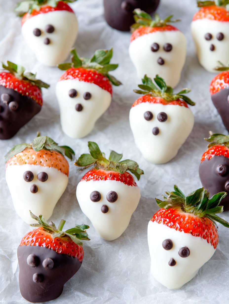 Child placing chocolate eyes on strawberry ghosts