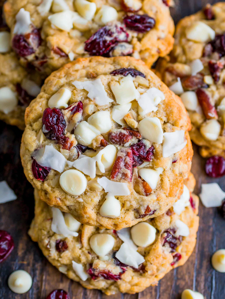White chocolate cranberry cookies on a baking sheet