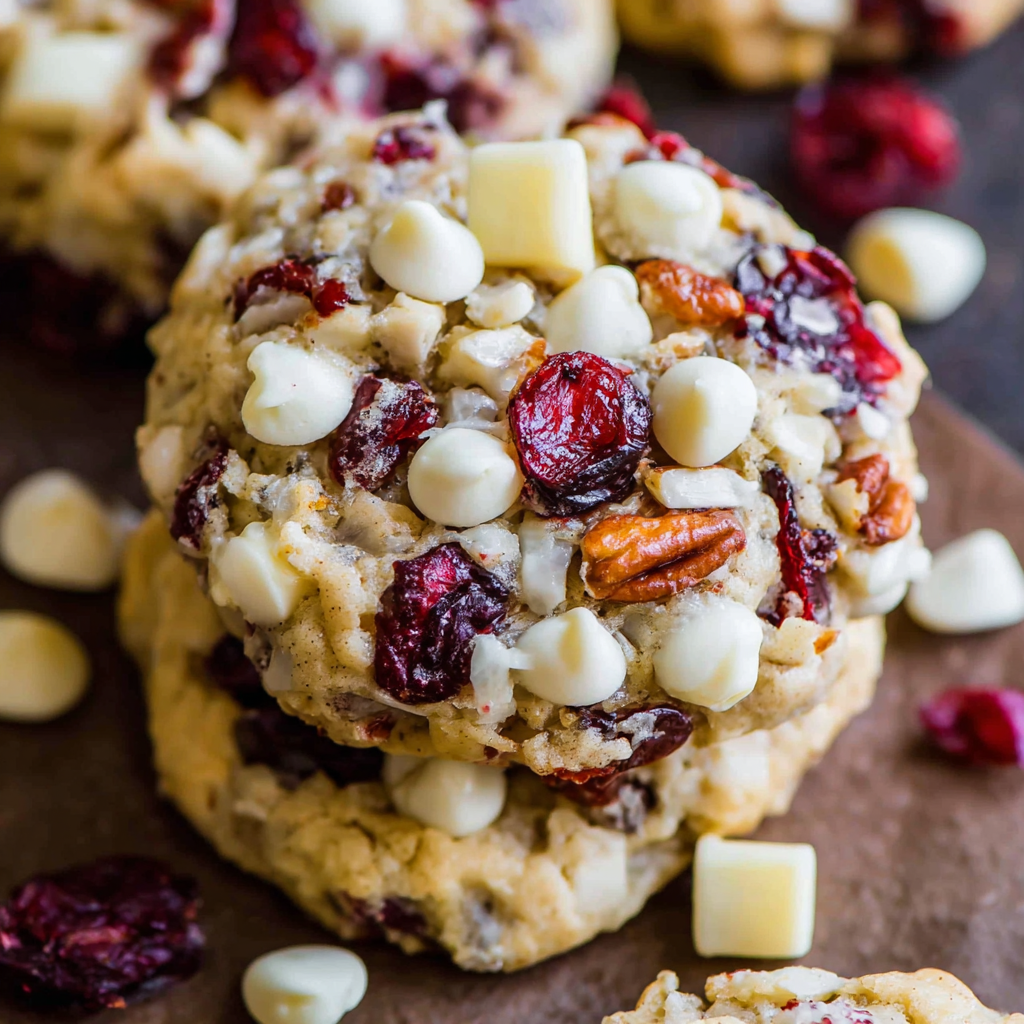 Cookies cooling on a wire rack with cranberries