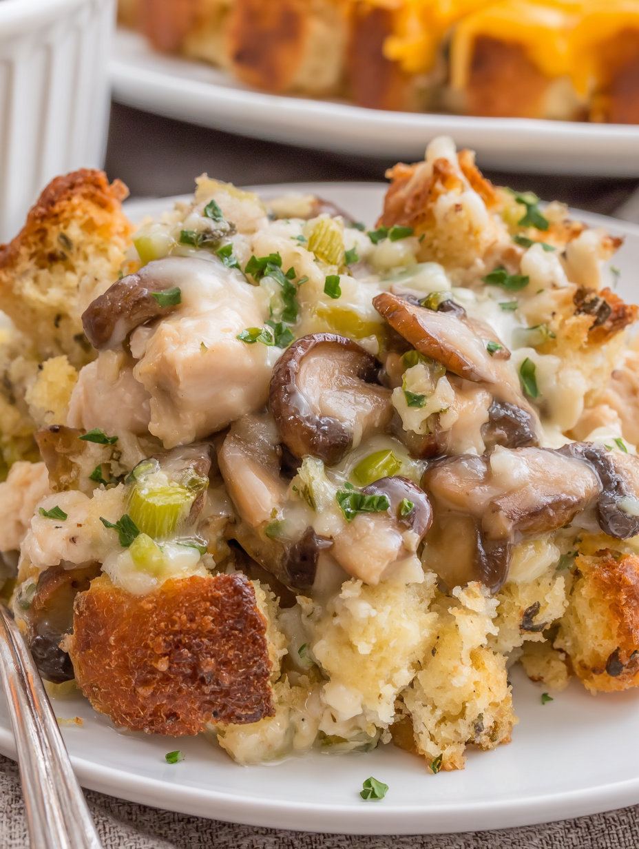 Creamy chicken and stuffing casserole fresh from the oven