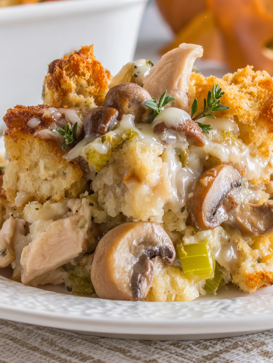 Close-up of stuffing topping on casserole