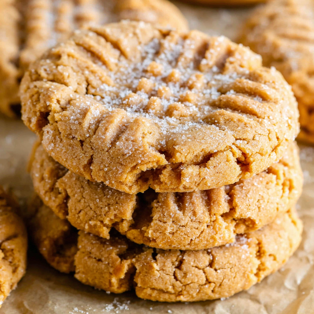 Freshly baked soft peanut butter cookies on baking sheet