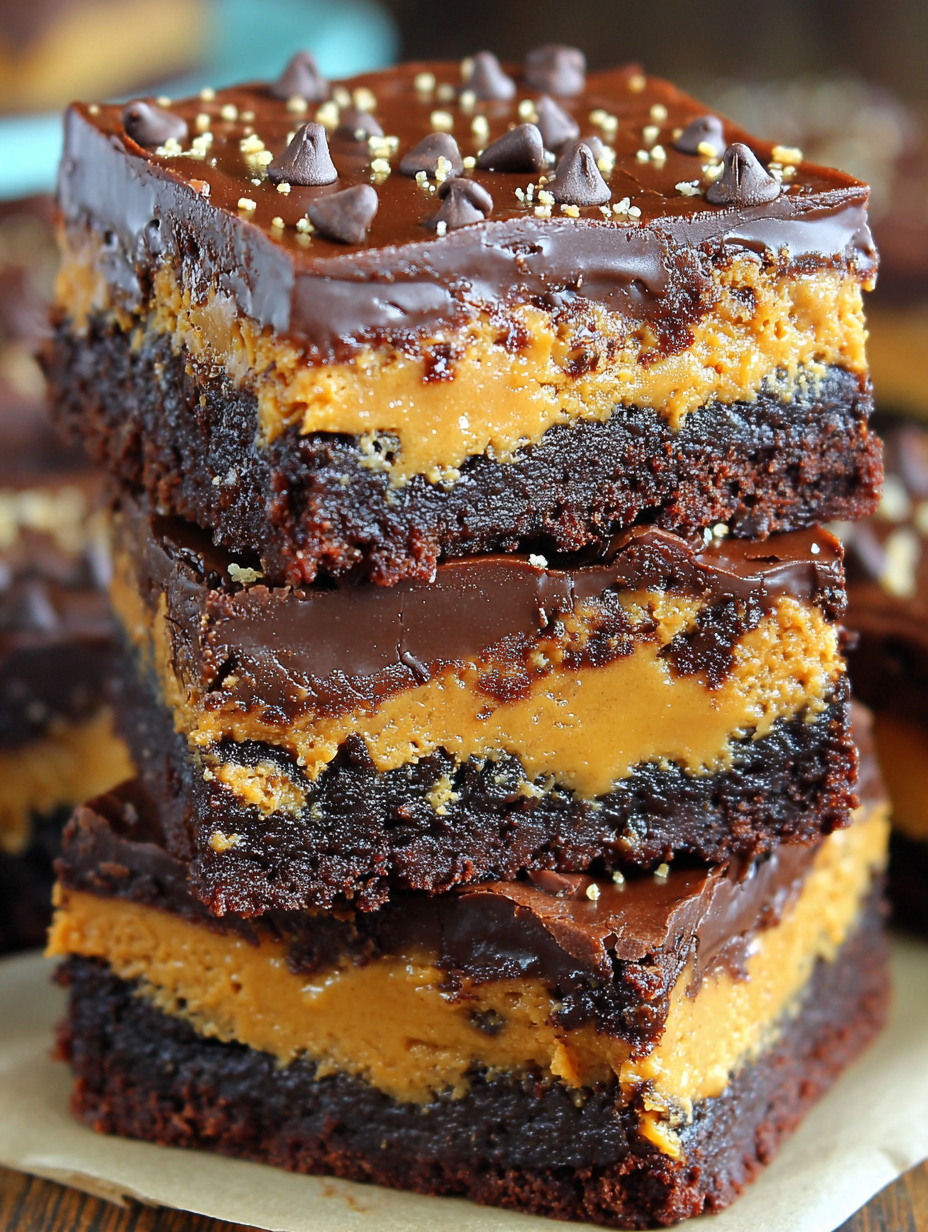 Close-up of a peanut butter brownie slice with ganache