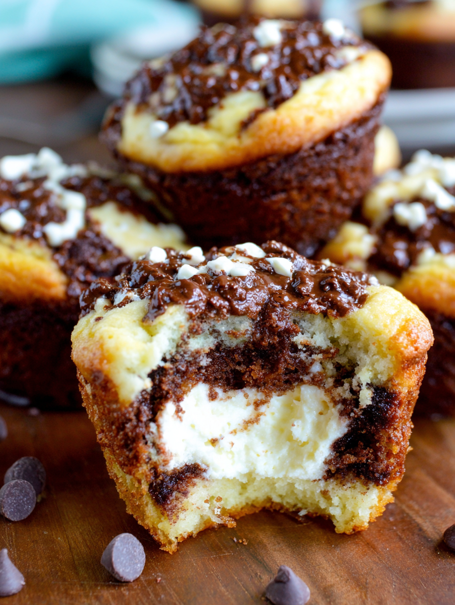 Two cheesecake chocolate chip muffins on a plate with crumbs