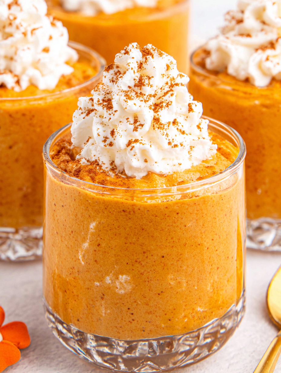 Individual pumpkin mousse served in glasses with whipped cream