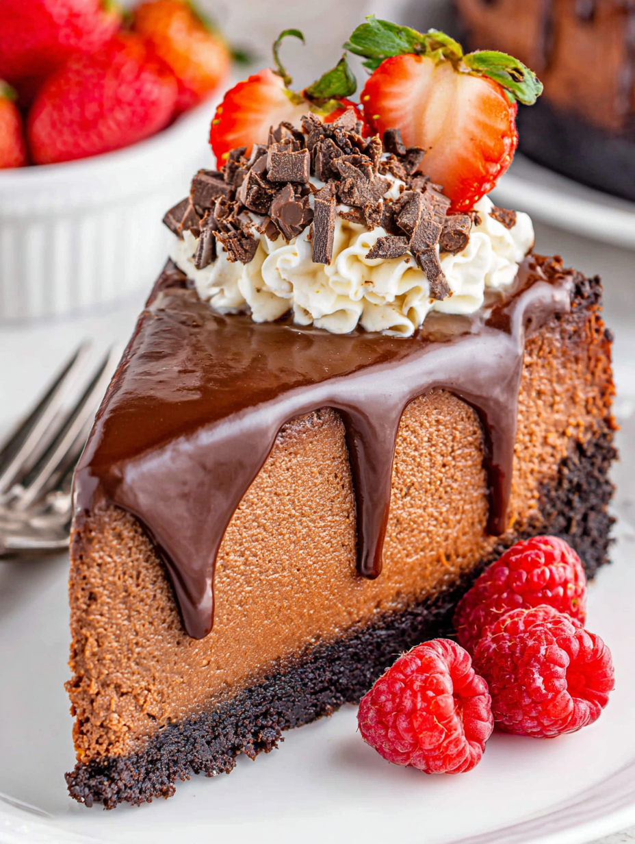 Triple chocolate cheesecake with ganache and berries