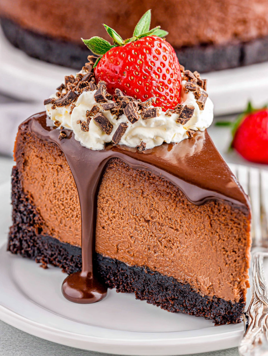 Slice of chocolate cheesecake plated with berries