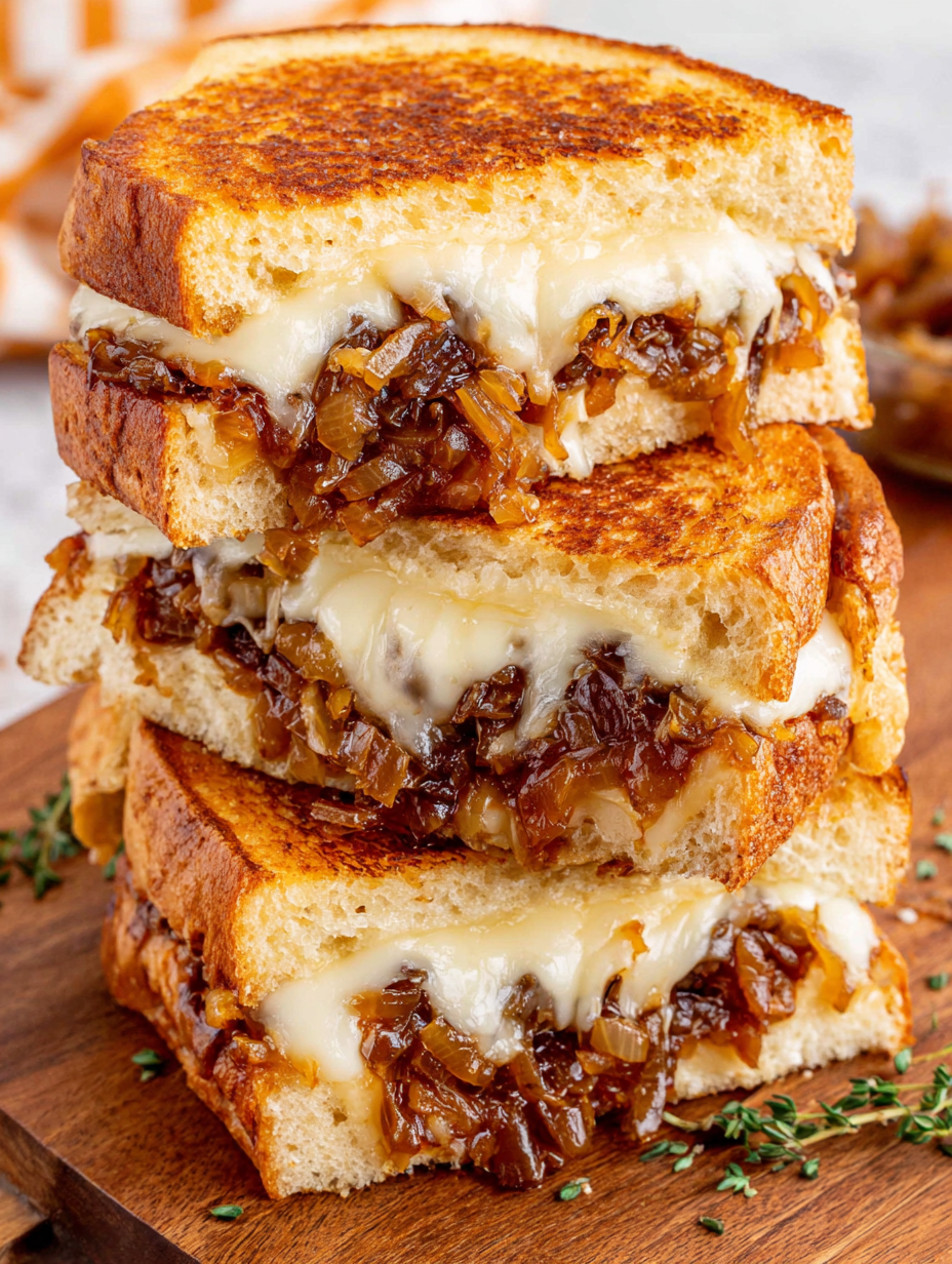 Caramelized onions and cheeses layered on bread in skillet