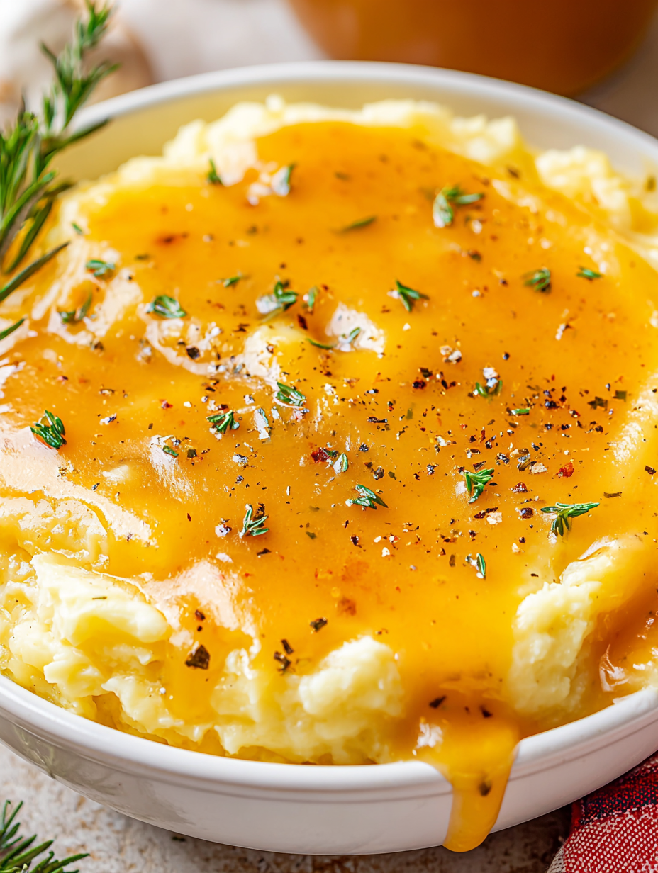 Smooth chicken broth gravy in a white gravy boat