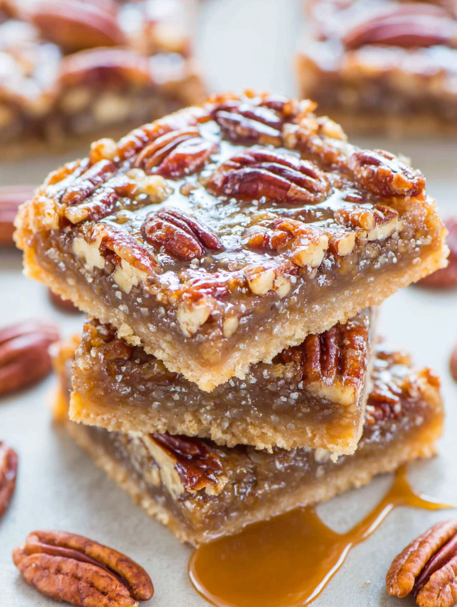 Close-up of a sliced pecan bar with caramel drizzle