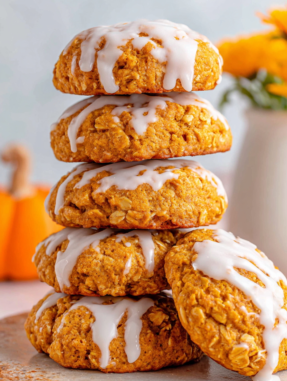 Tray of pumpkin oatmeal cookies with icing
