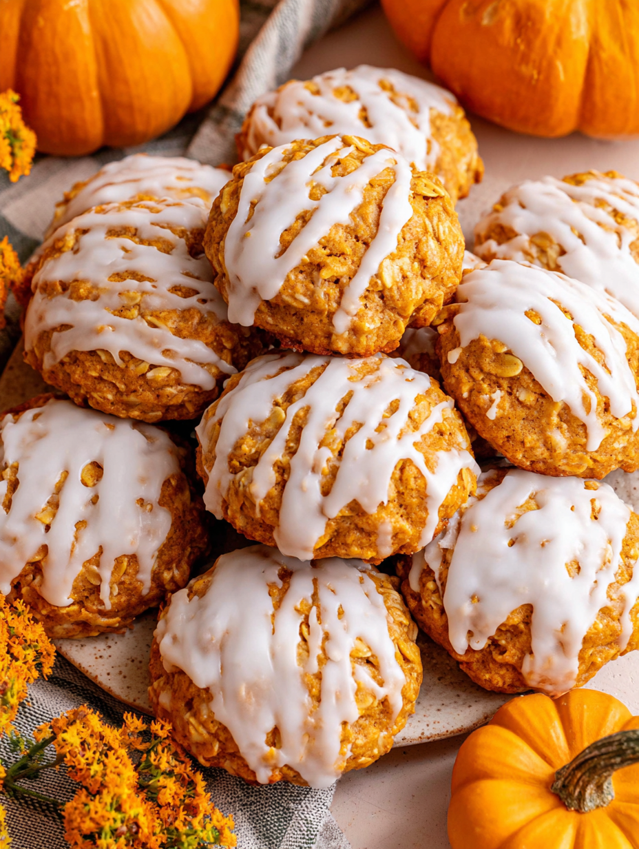 Close up of a pumpkin oatmeal cookie with icing drizzle