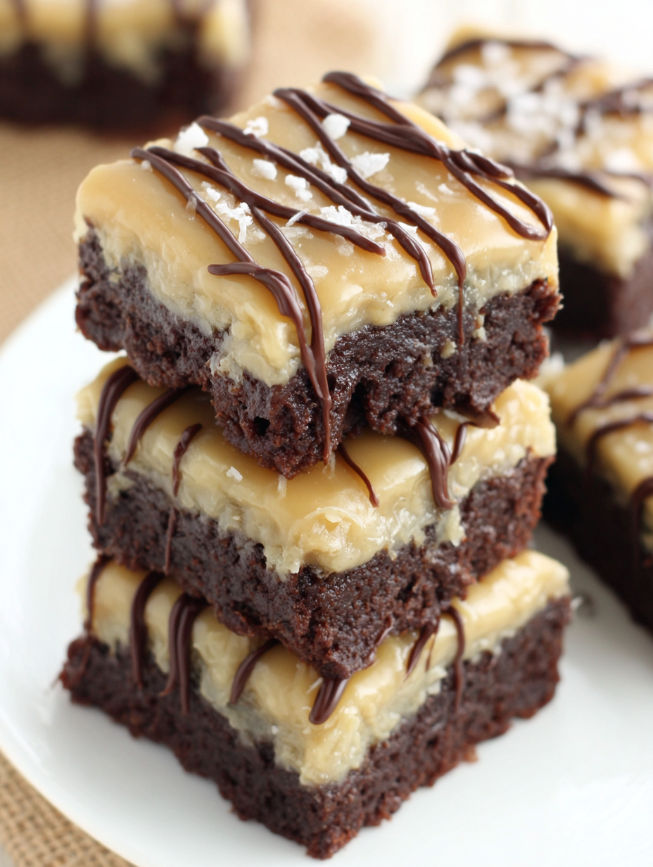 Salted Caramel Coconut Brownies with chocolate drizzle