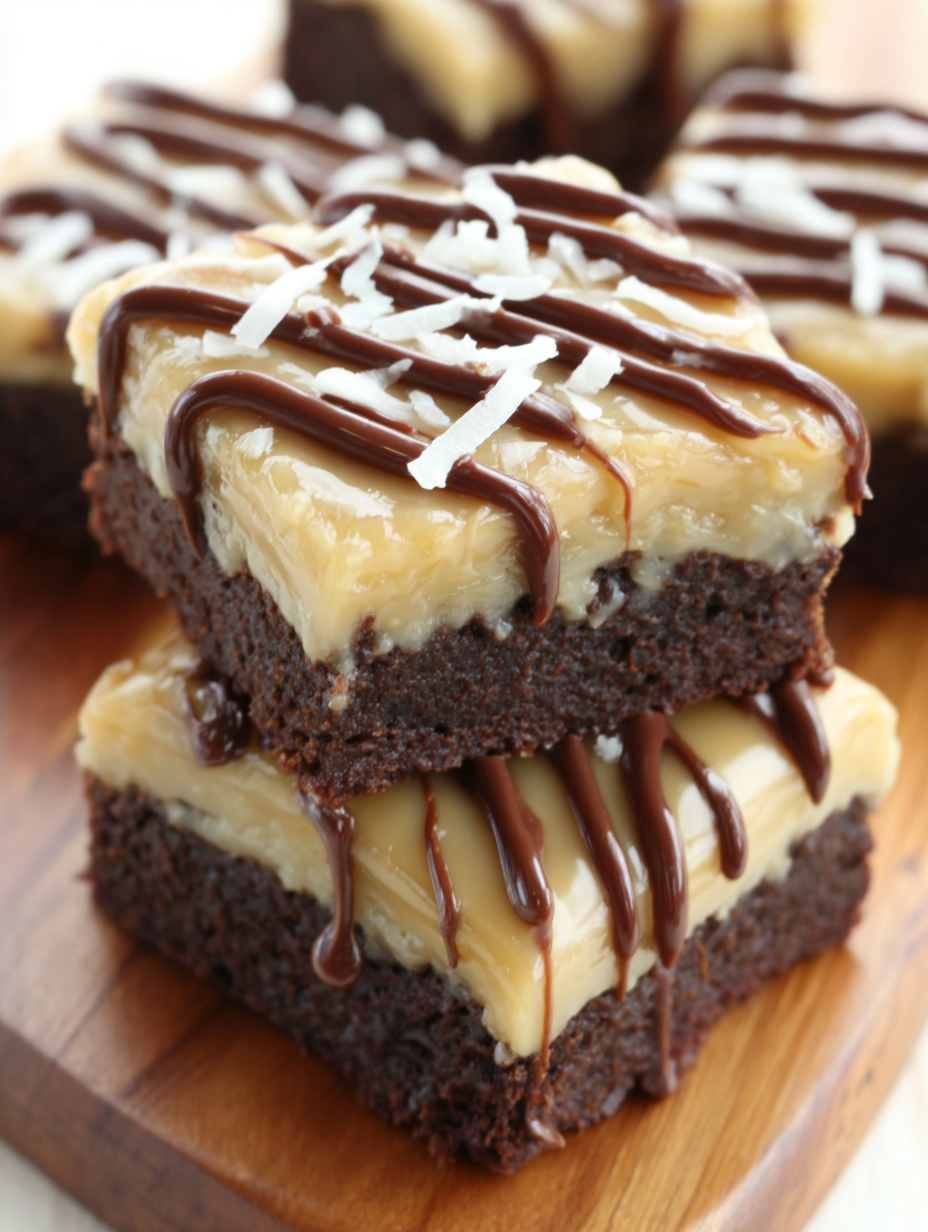 Close up of a salted caramel chocolate coconut brownie