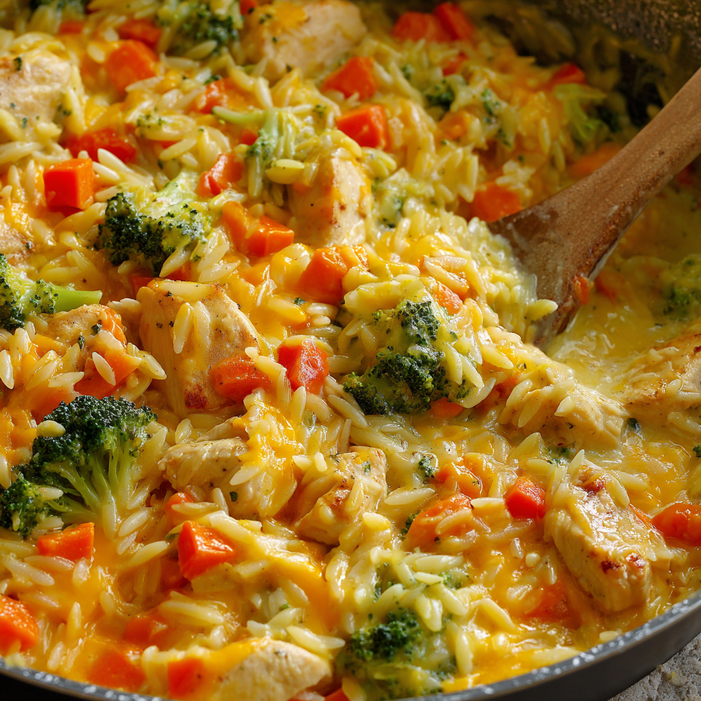 One-Pan Chicken Broccoli Cheddar Orzo