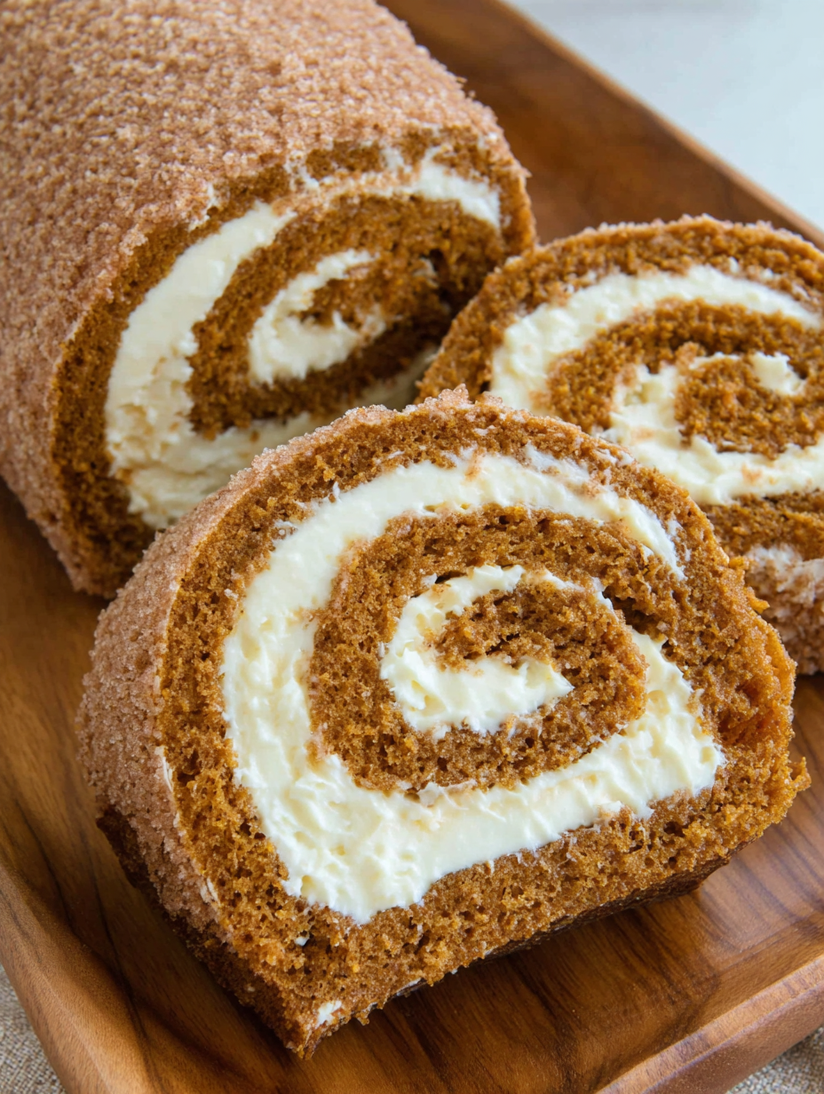 Pumpkin roll cake sliced showing spiral filling