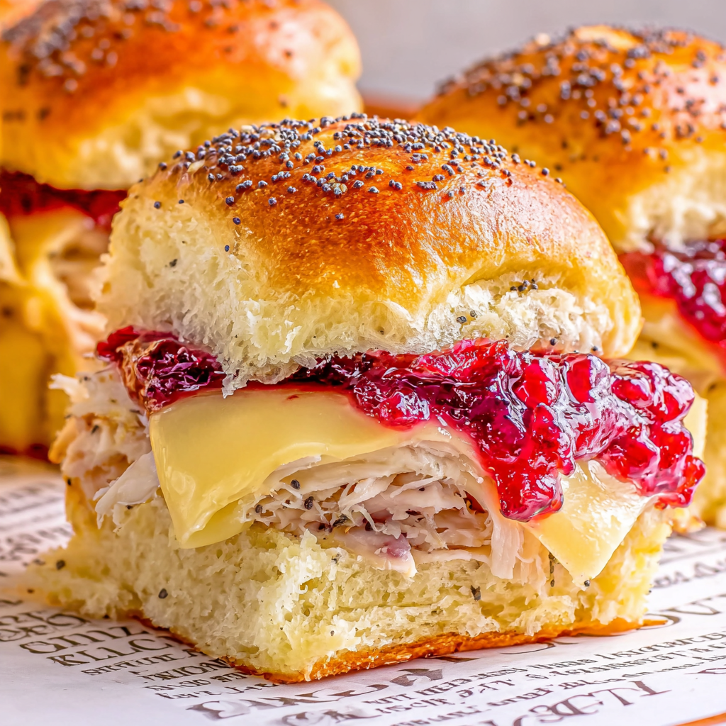 Turkey and cheese sliders on a baking sheet with poppy seed tops