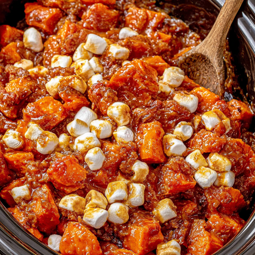 A bowl of candied yams with marshmallow topping