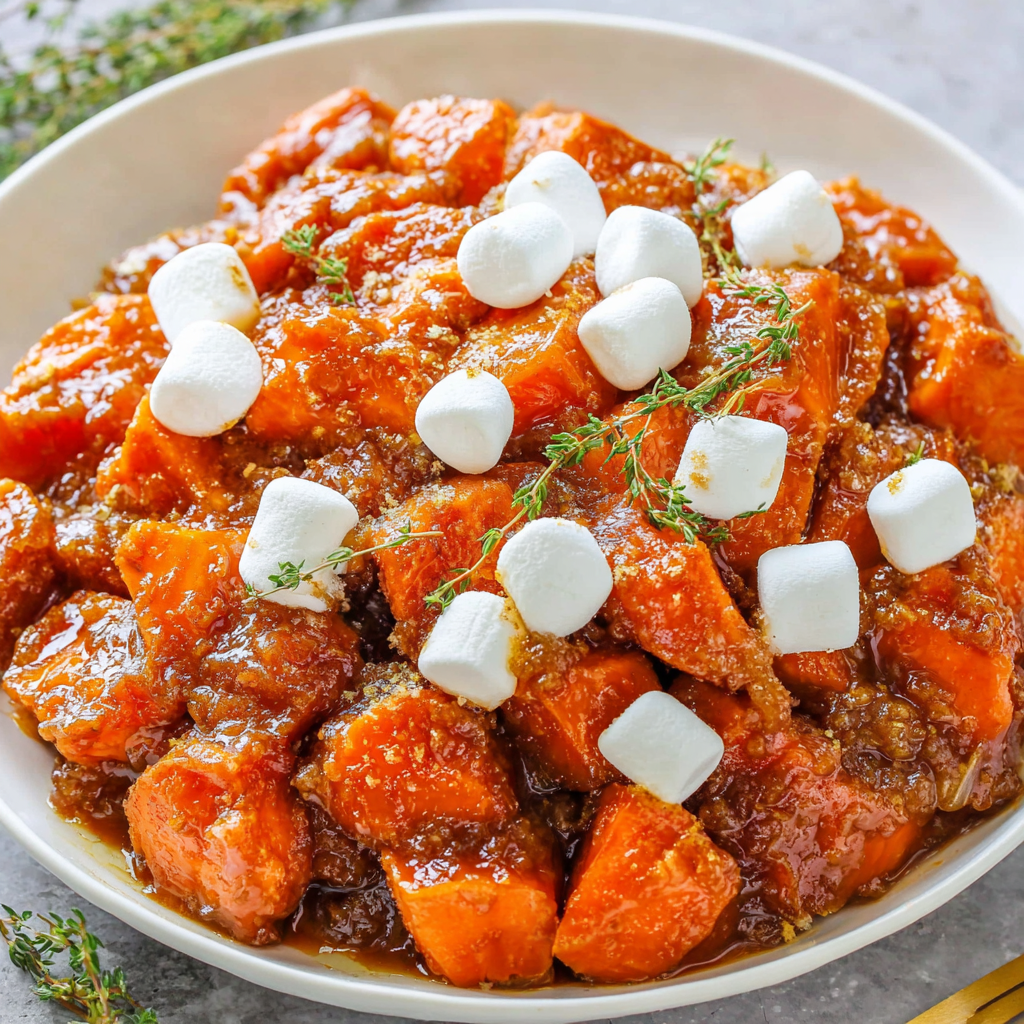 Slow cooker filled with glazed sweet potatoes