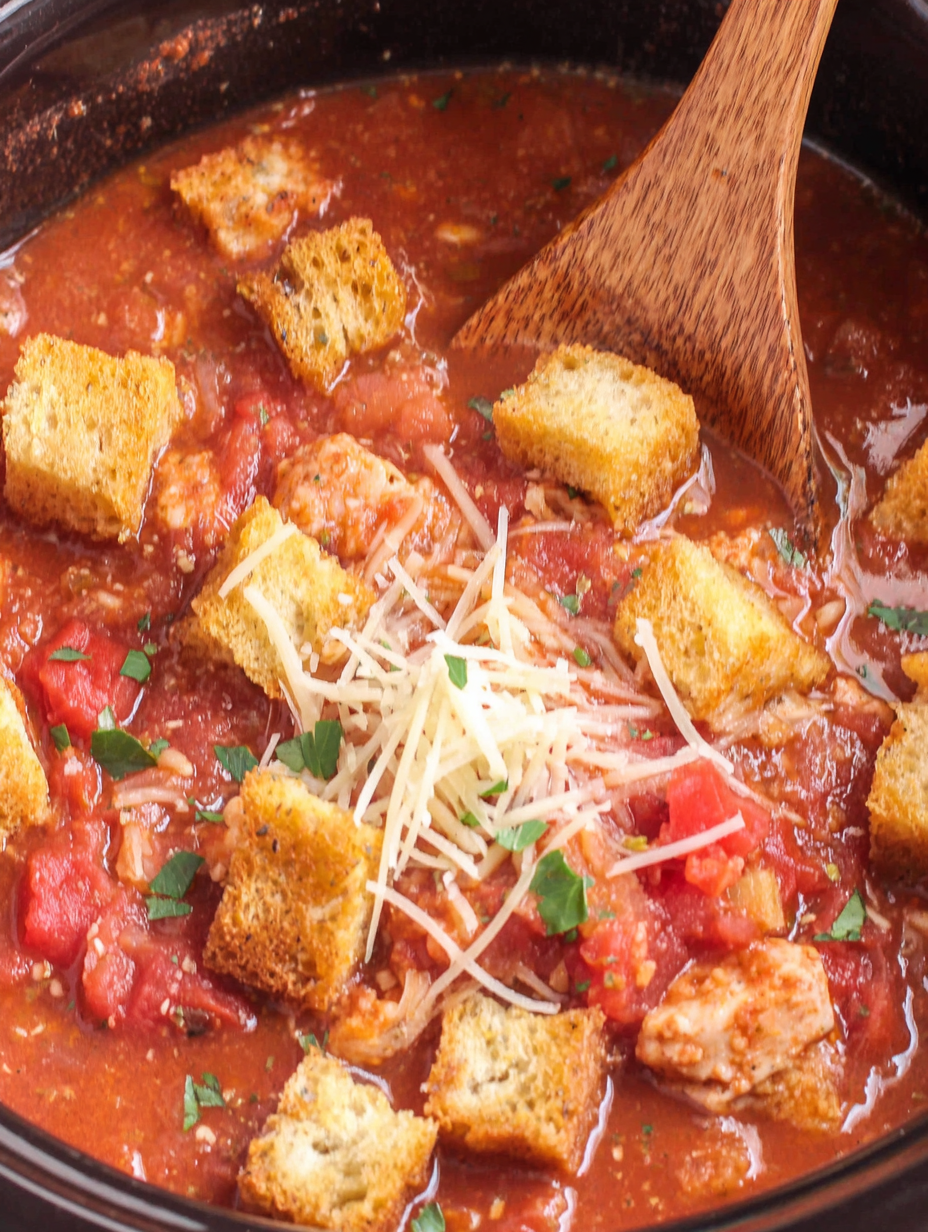 Slow cooker filled with tomato based chicken parmesan soup