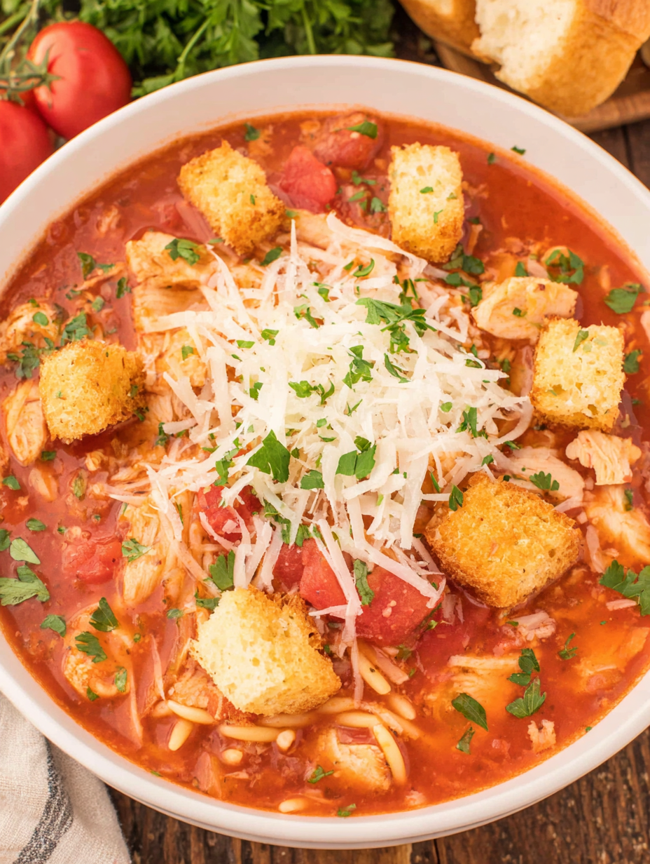 Bowl of chicken parmesan soup topped with parmesan and parsley