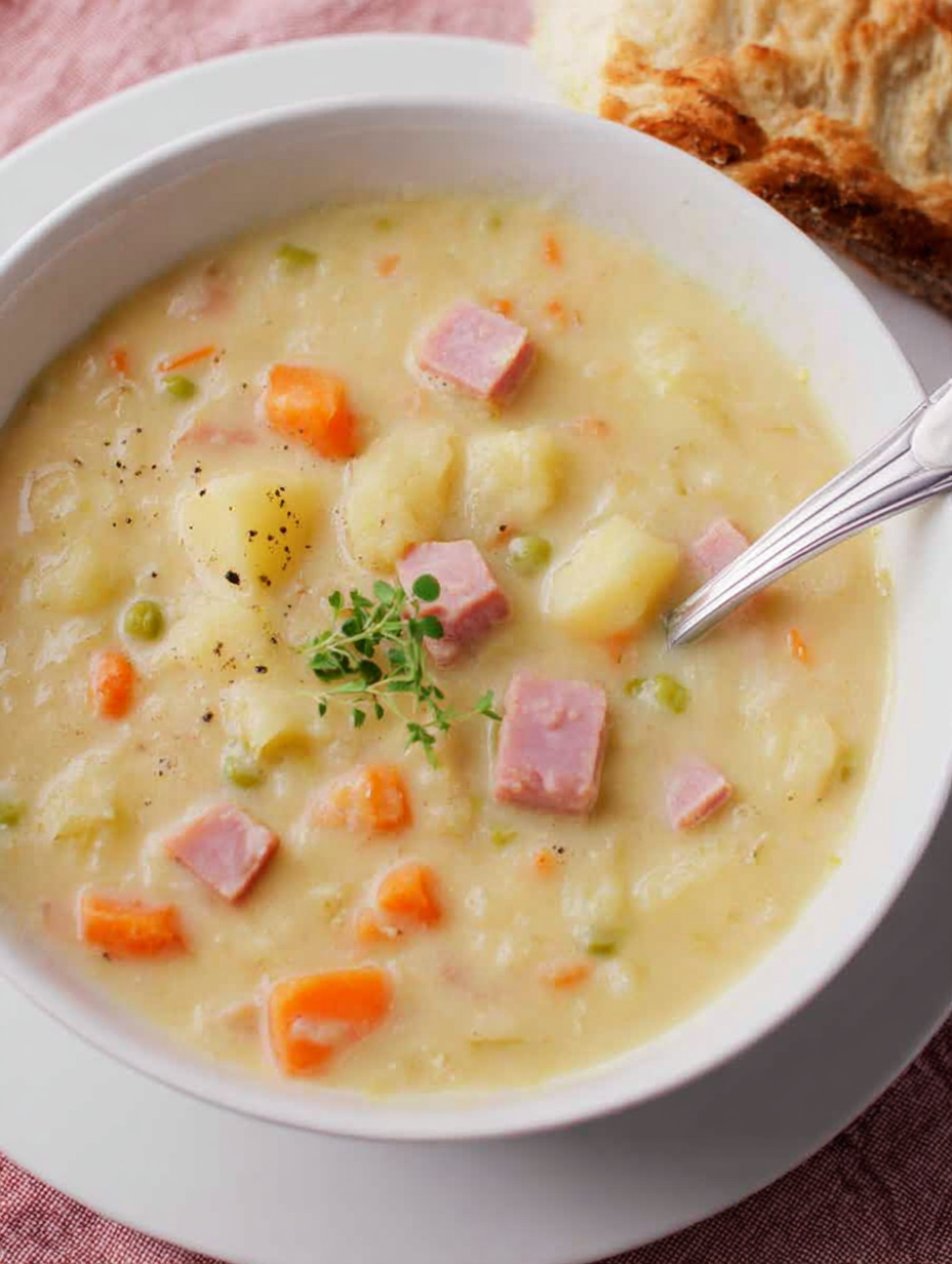 Creamy ham and potato soup in a bowl with toppings
