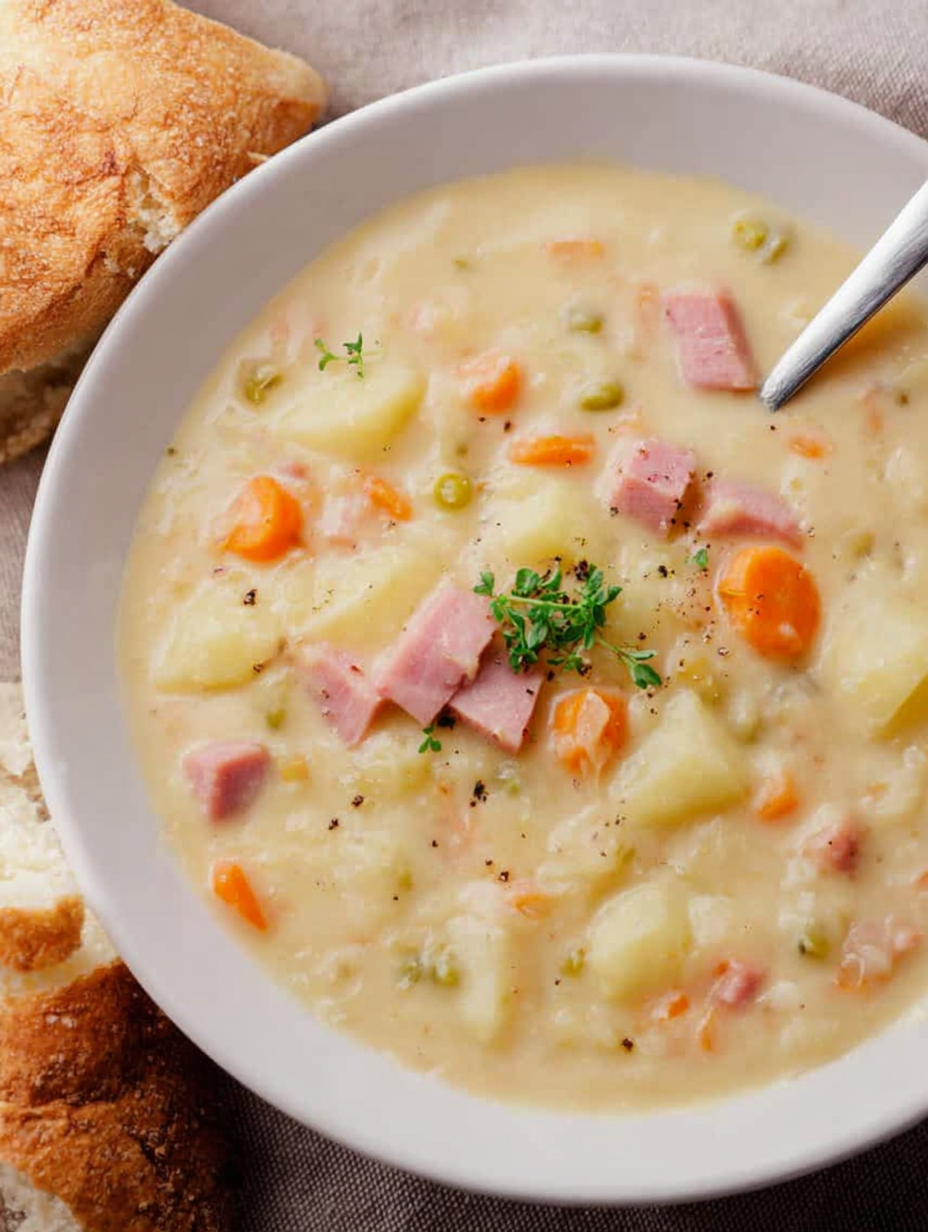 Serving bowl with soup and garnishes