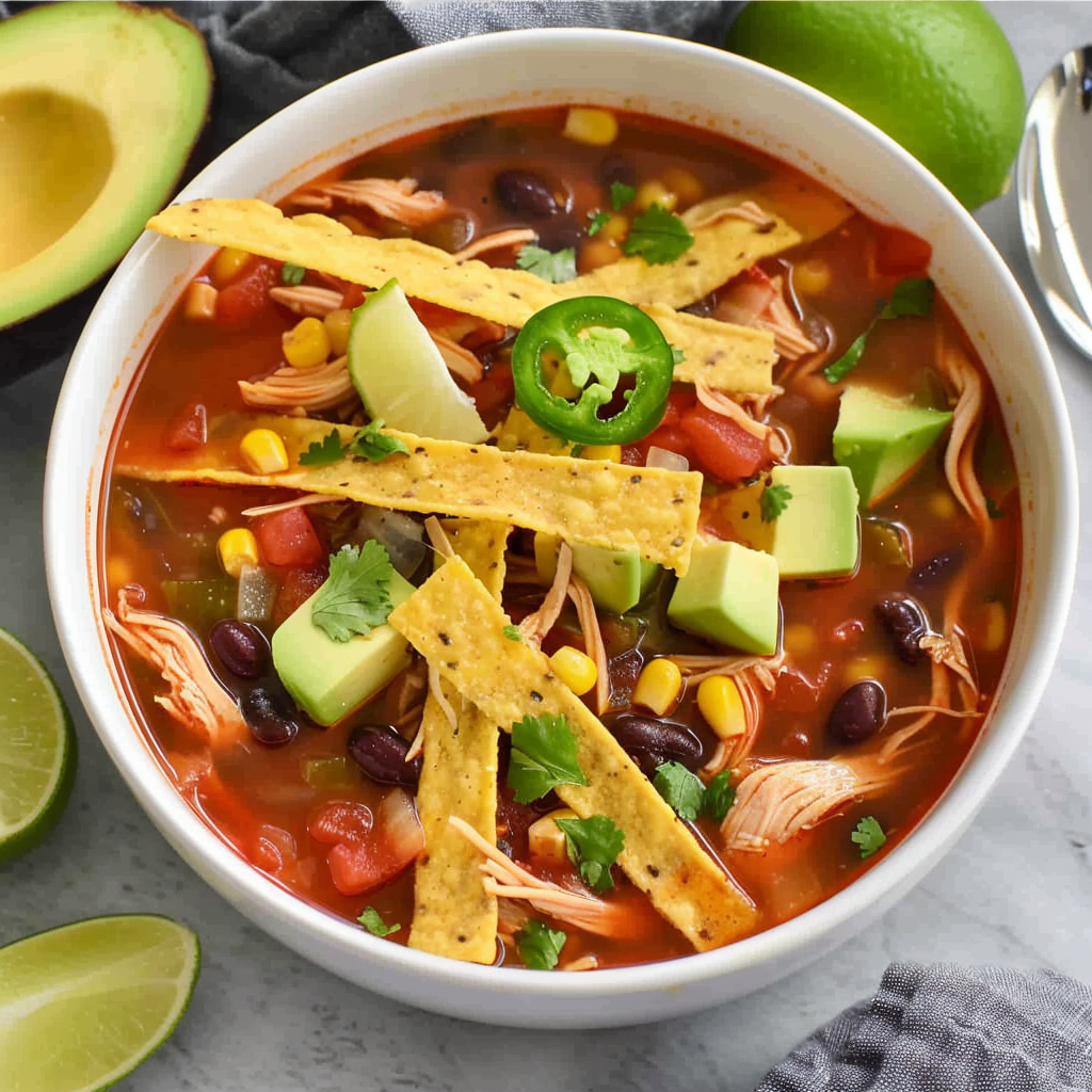 Bowl of chicken tortilla soup with avocado and tortilla strips