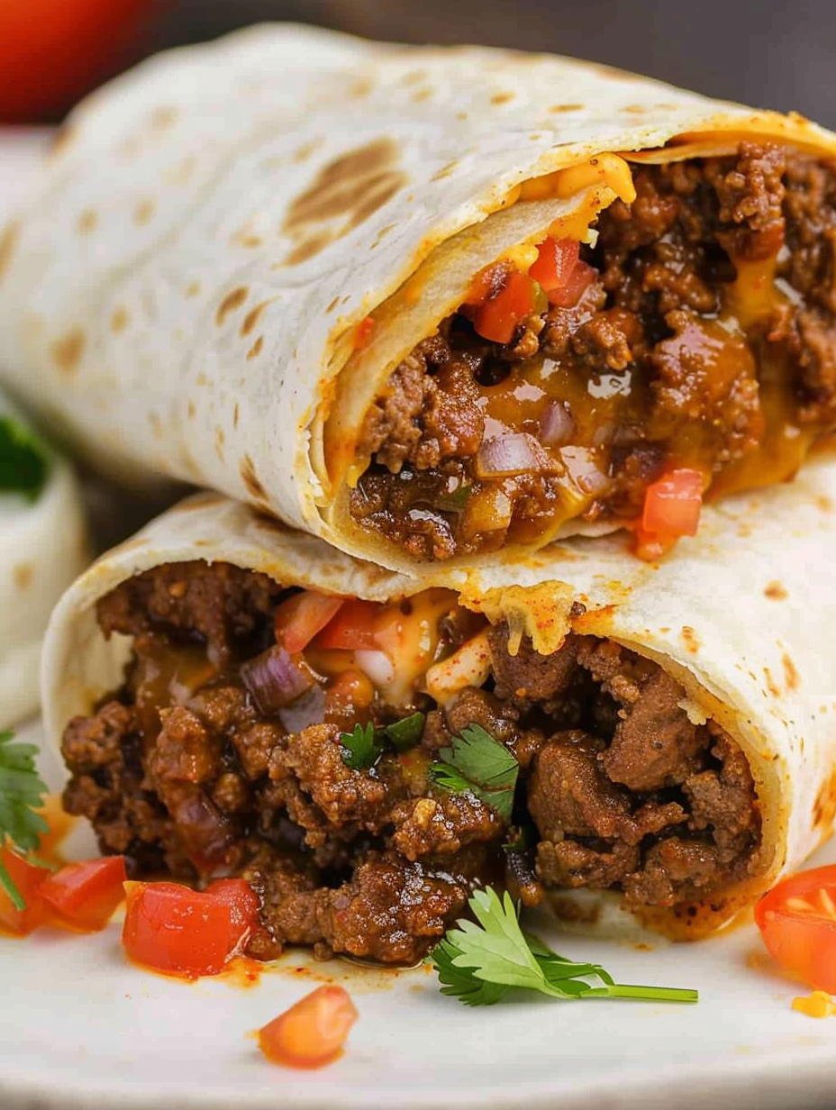 Assembled beef burritos on a plate with melted cheese